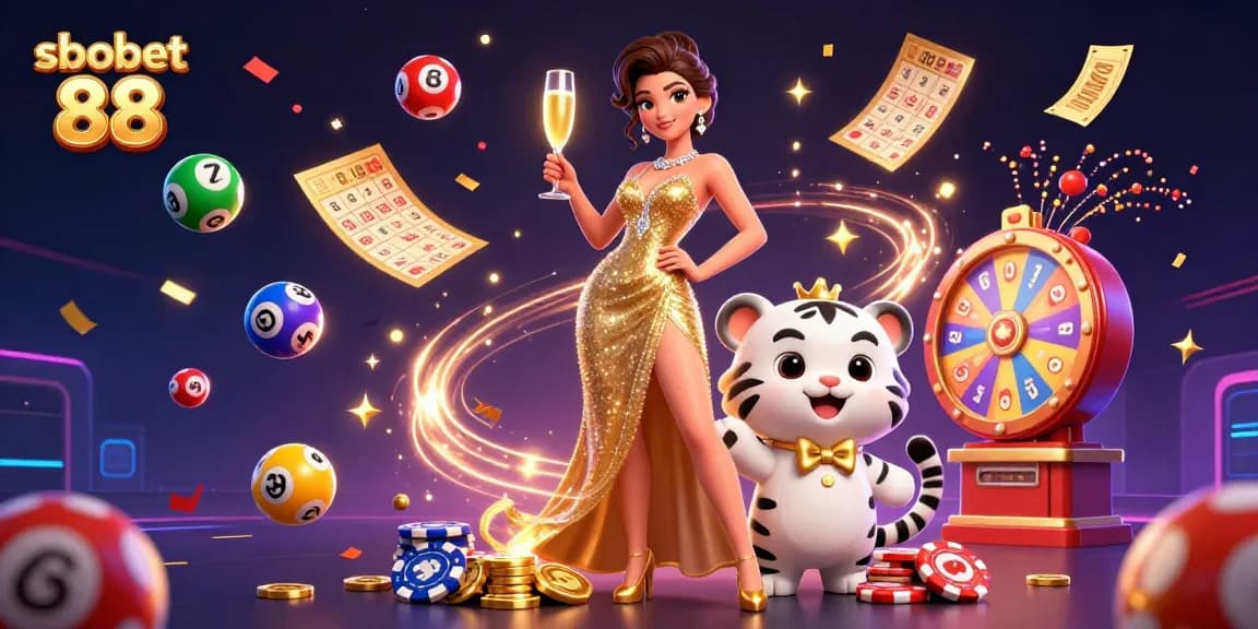 Experience sbobet 88 with a thrilling casino scene featuring a glamorous woman and lucky tiger cub.