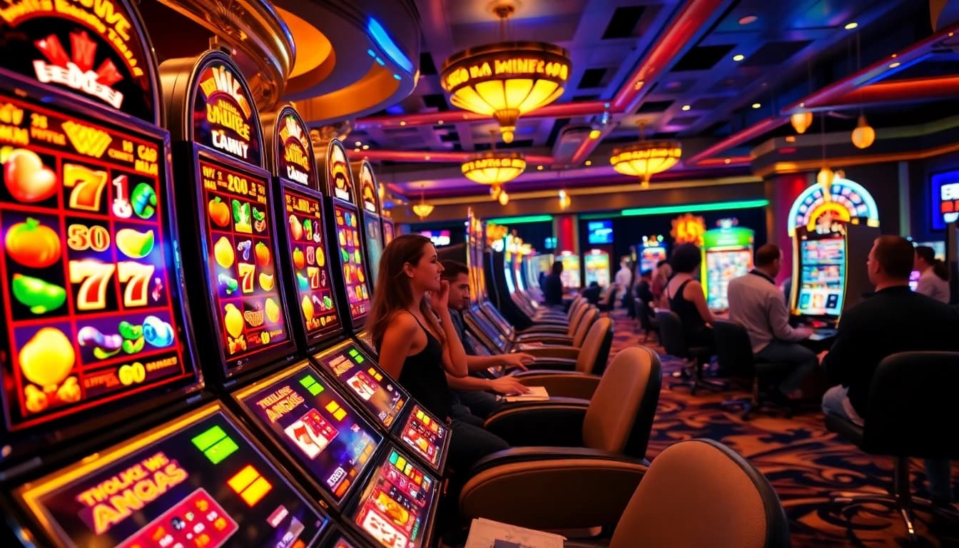 Players winning at slots777 in a vibrant casino scene with colorful slot machines.