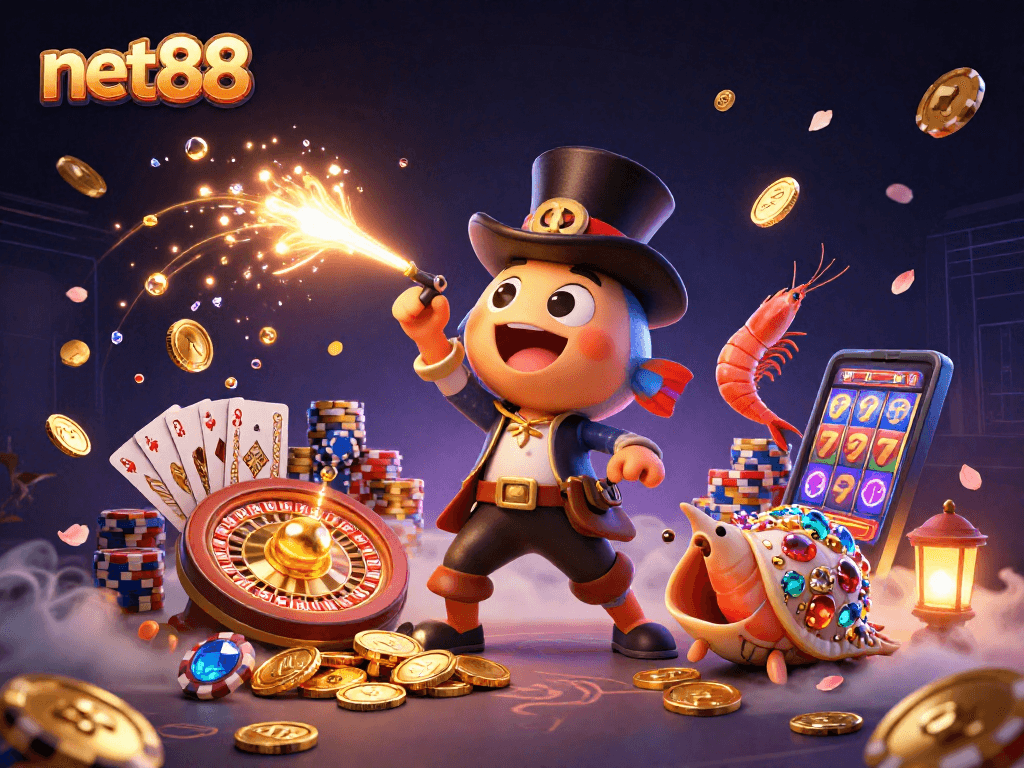 Net88's vibrant gaming scene with 3D characters symbolizing adventure and rewards in a casino setting.