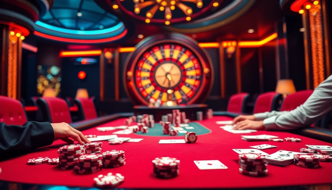 Exciting poker game scene with the keyword viral4d, featuring chips, cards, and a roulette wheel.