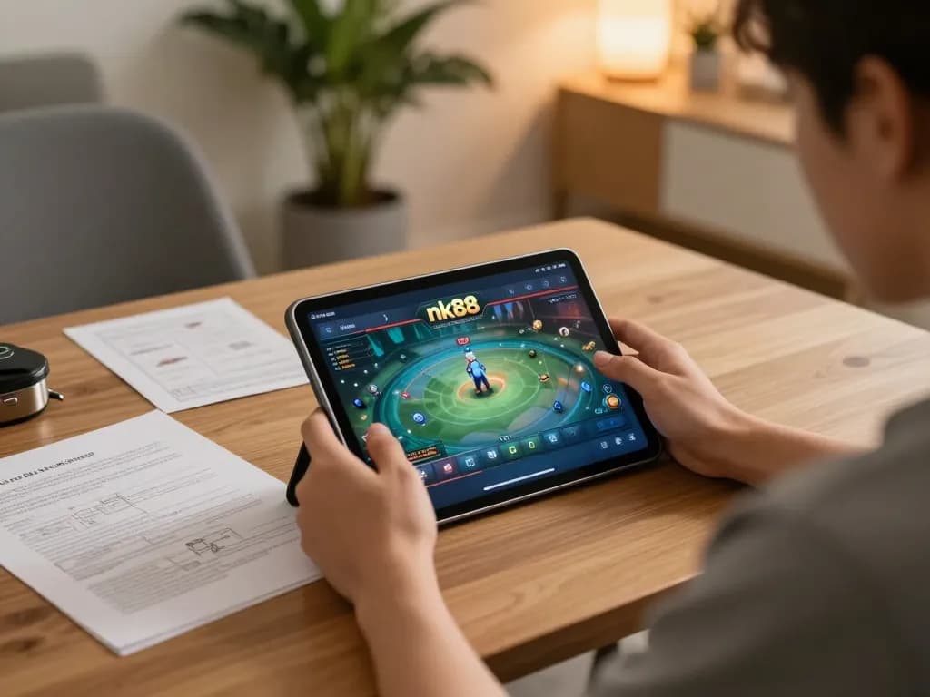 Engaging gameplay at nk88 with tablet and strategy notes in a cozy home setting.