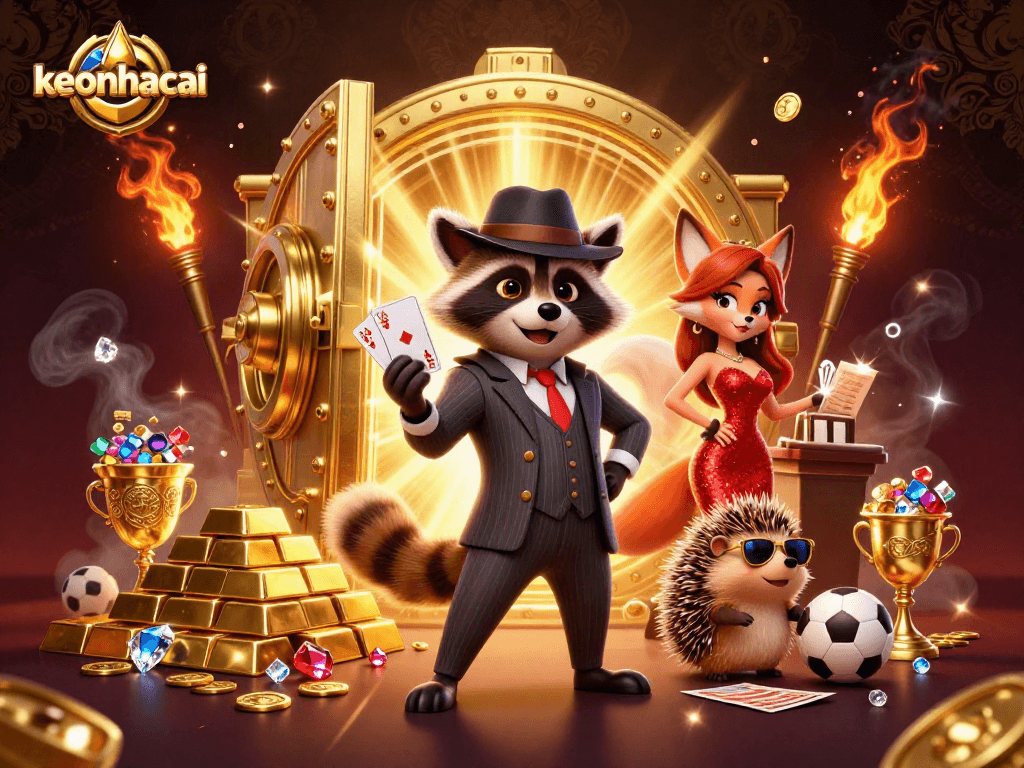 Engage with keonhacai betting adventures featuring a suave raccoon, stylish fox, and dynamic gaming elements.
