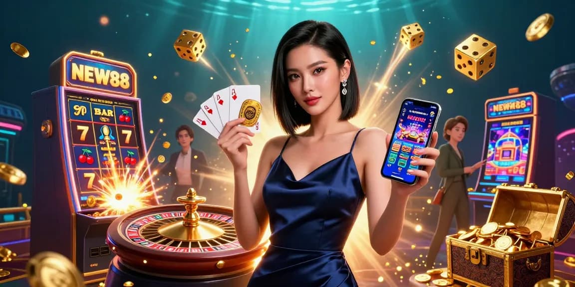 Experience winning moments at NEW88 with thrilling casino games illustrated in vibrant detail.