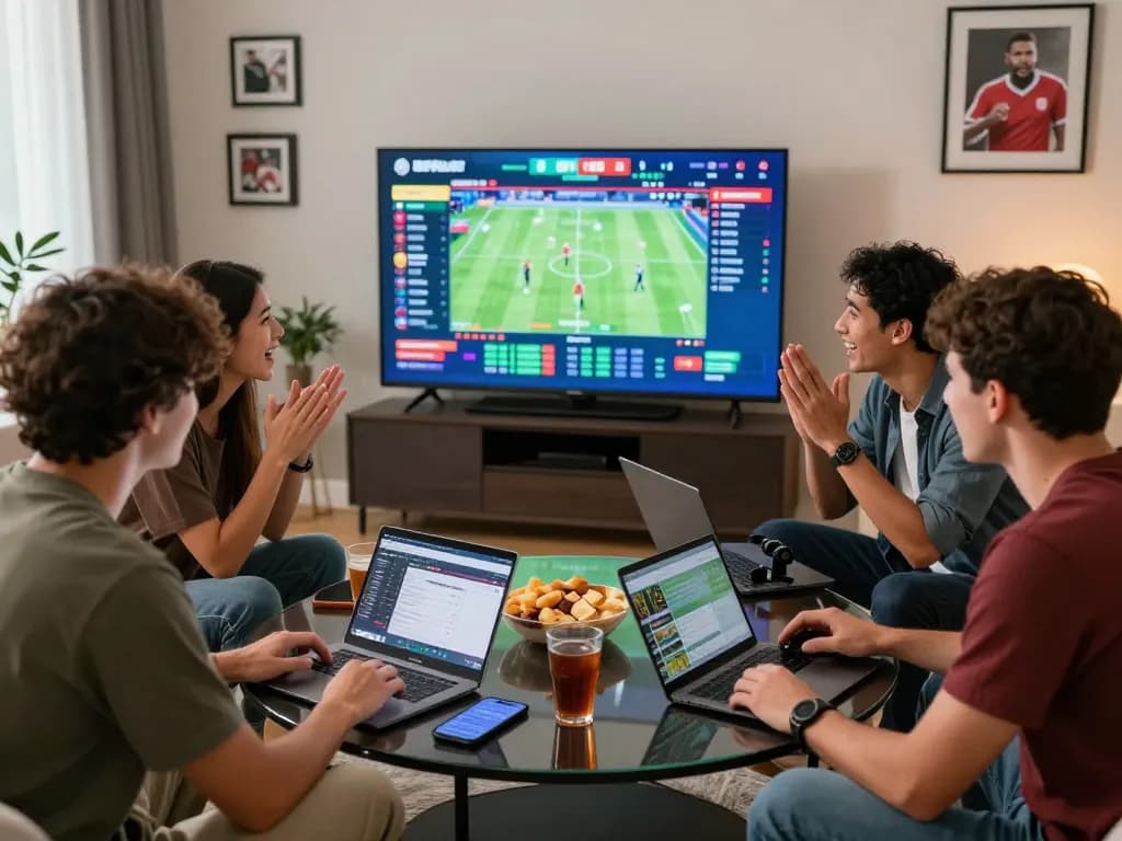 Excited friends engaging on https://da88.navy/ while enjoying live sports betting experience.