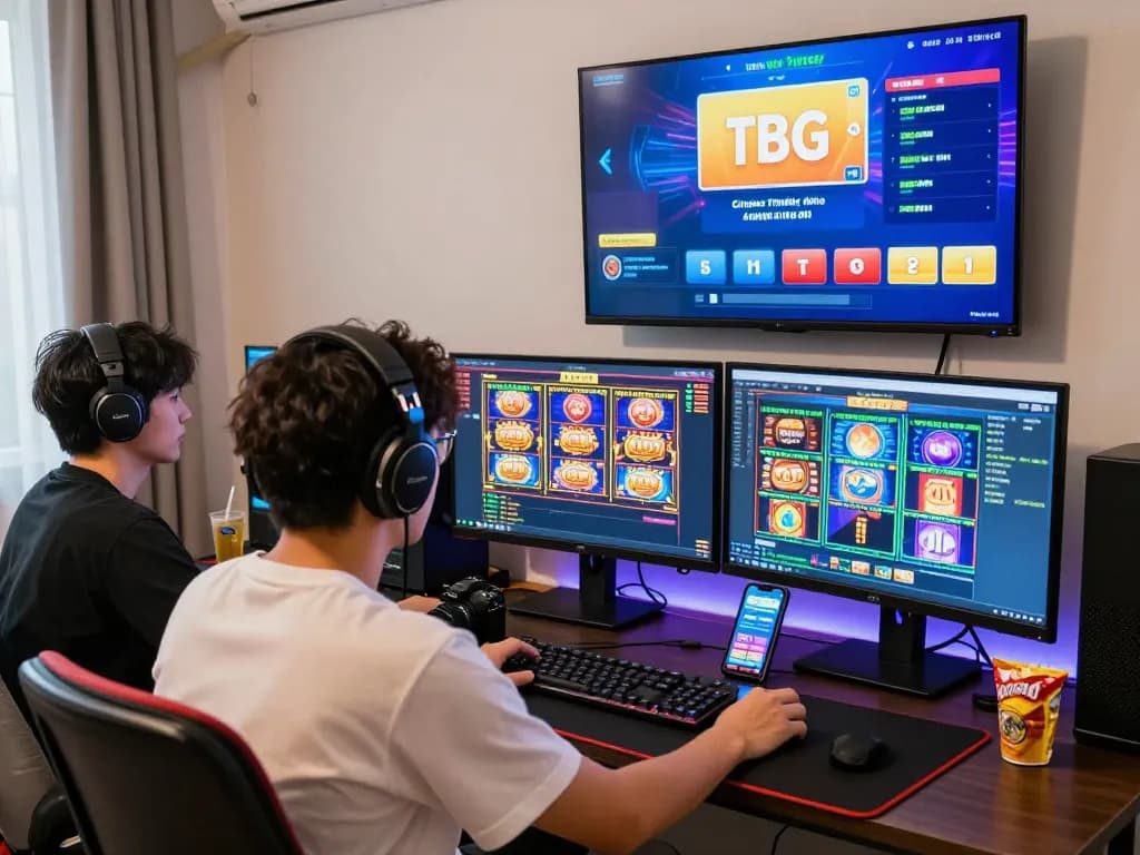 Engaged player enjoying toto togel games online in vibrant gaming setup with colorful screens.