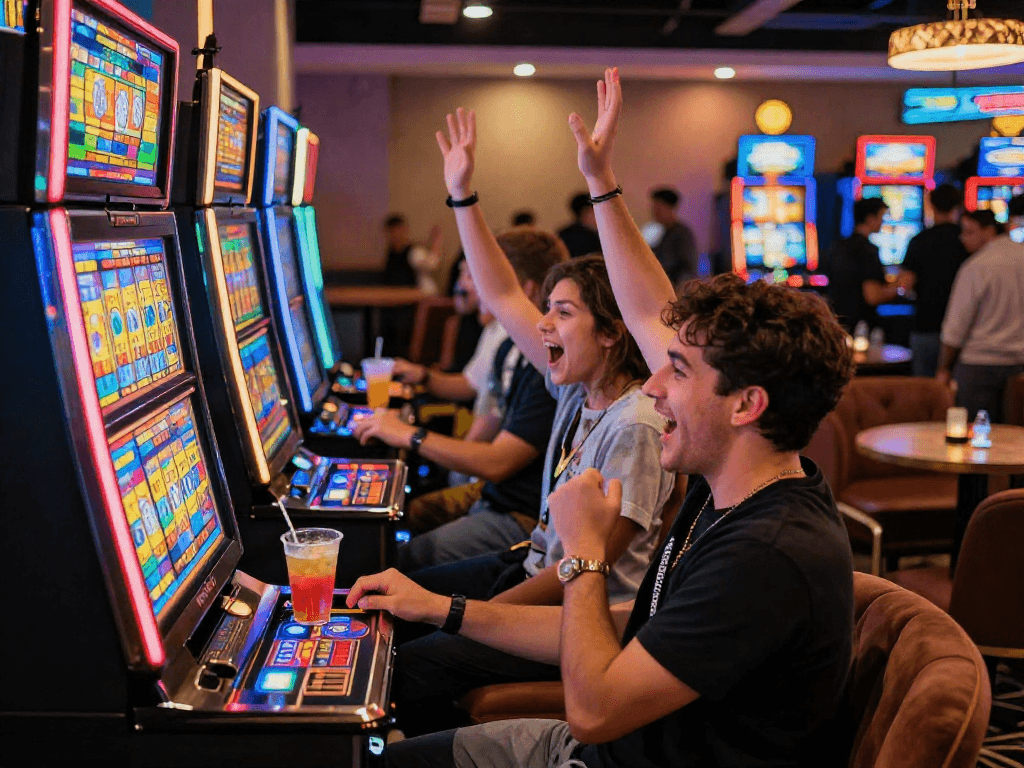 Players enjoying the thrill of toto slot machines in a vibrant casino.
