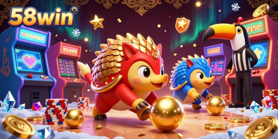 Experience the thrill of the 58win casino with rival pangolins rolling jackpot balls amid vibrant gaming elements.