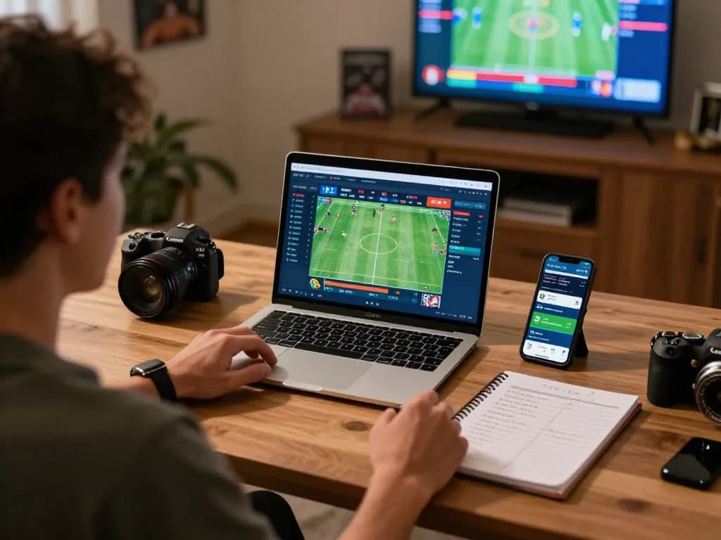 Engaging online sports betting session highlighting keo nha cai with laptop and smartphone in use