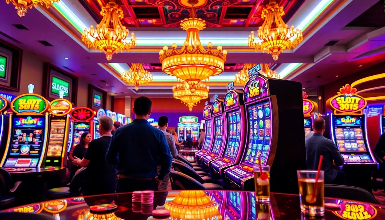 Menggembira bermain di SLOT365 dengan mesin slot berwarna cerah di kasino yang ramai.
