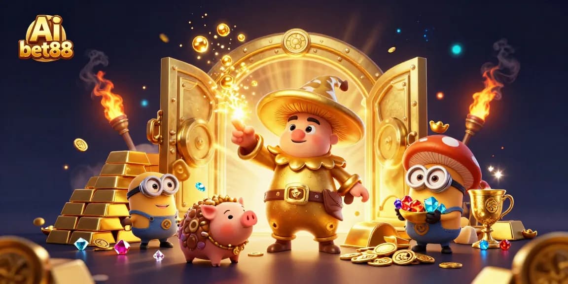 A dynamic 3D scene where Ai bet88 showcases magical gaming elements with characters and treasures