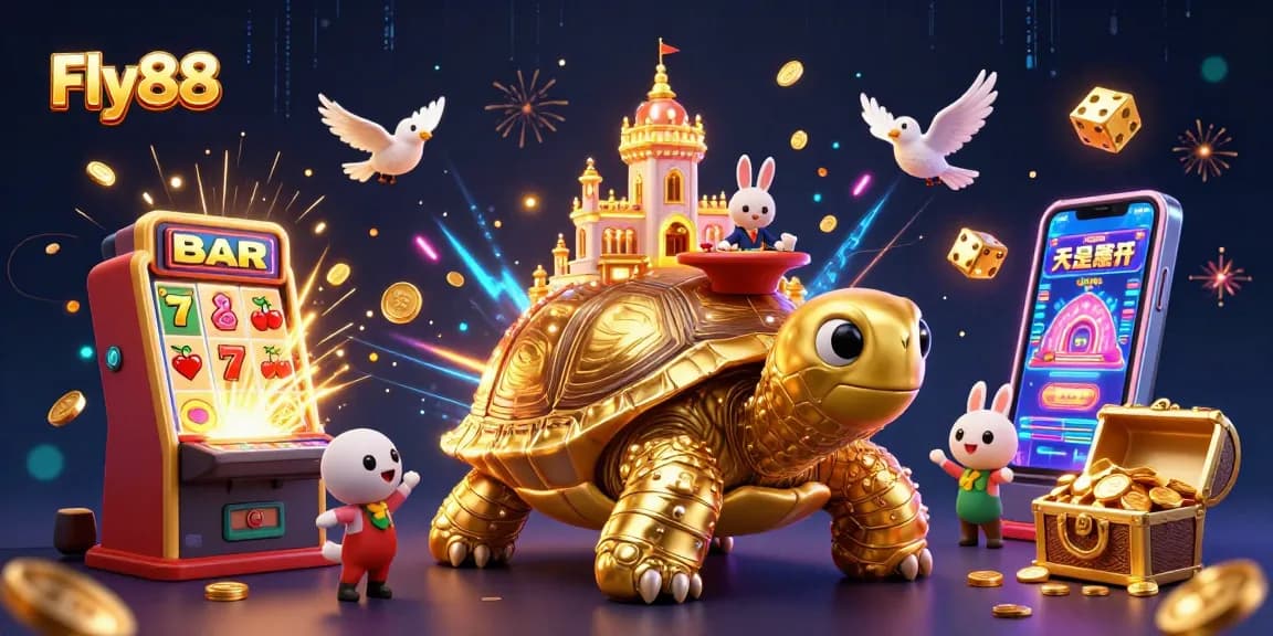 Experience thrilling slots with the Fly88 vibrant cartoon casino scene filled with excitement and gold.