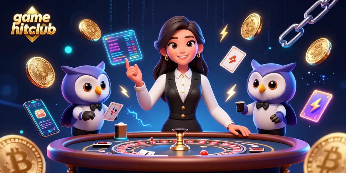 Experience game hitclub excitement with a captivating baccarat scene featuring 3D dealers and gaming elements.