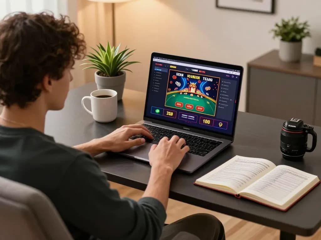 Login Kenzototo dalam aksi dengan seorang pemain yang merencanakan strategi di meja kerja rumahnya sambil menikmati permainan kasino online.