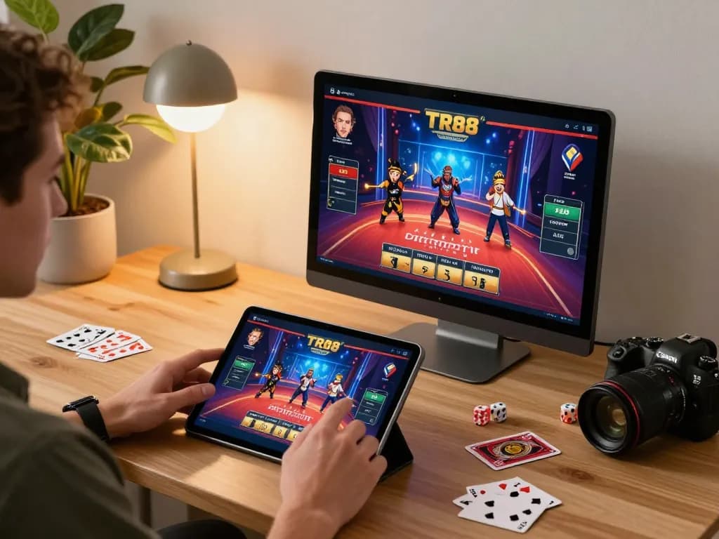 Engaging in online gambling on the TR88 app with vibrant graphics and cozy home atmosphere.