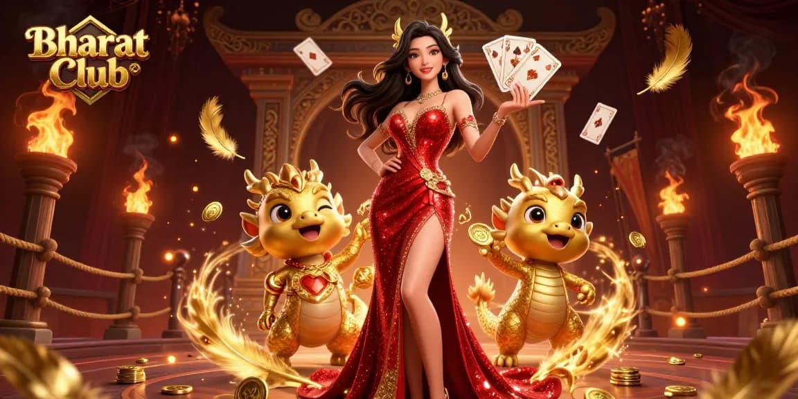 Bharat Club showcases thrilling gaming with a stunning Asian woman in sequin gown and golden dragon mascot.