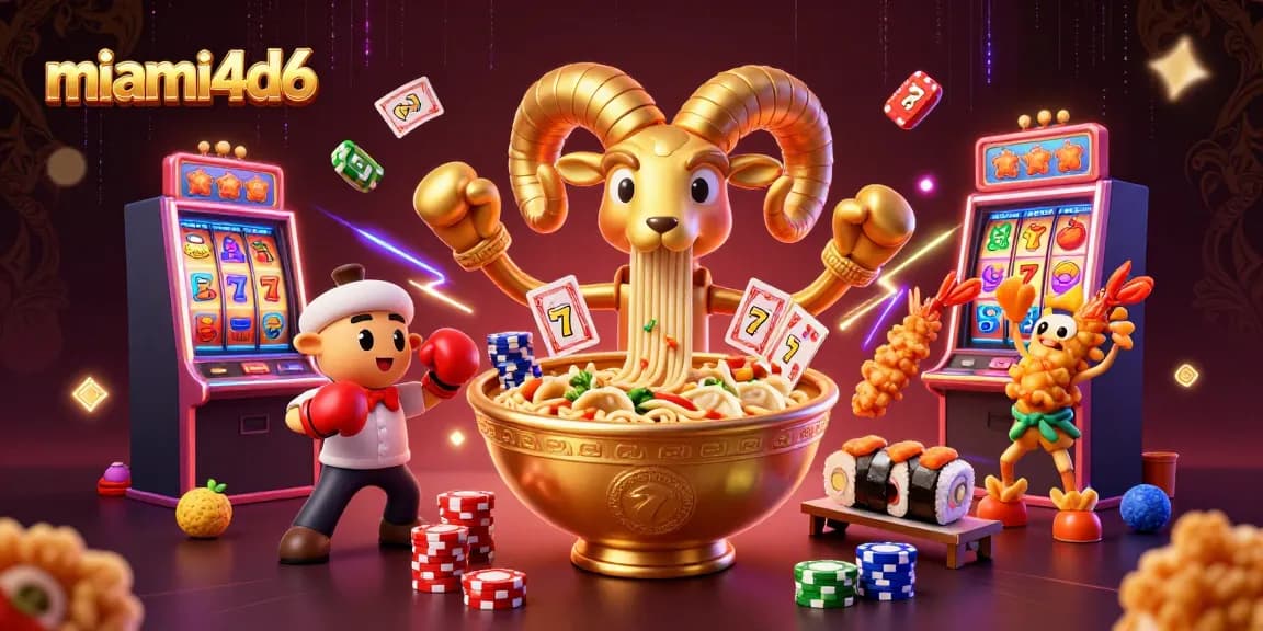 Experience fun with miami4d6 as golden ramen bowl deals cards in a colorful casino scene.