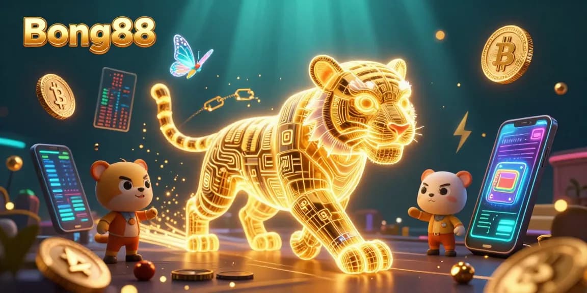 Bong88 offers a thrilling casino experience with a neon tiger and digital elements in a vibrant gaming environment.