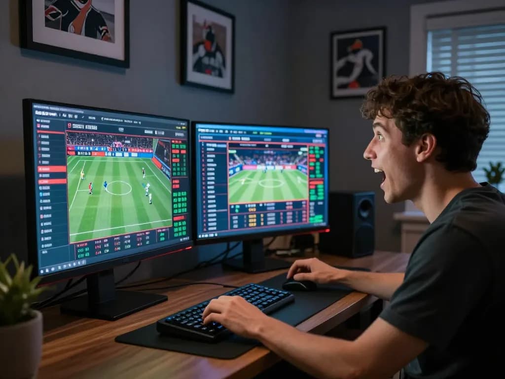 Soi kèo sports betting strategies in a modern home office with live games on multiple screens.