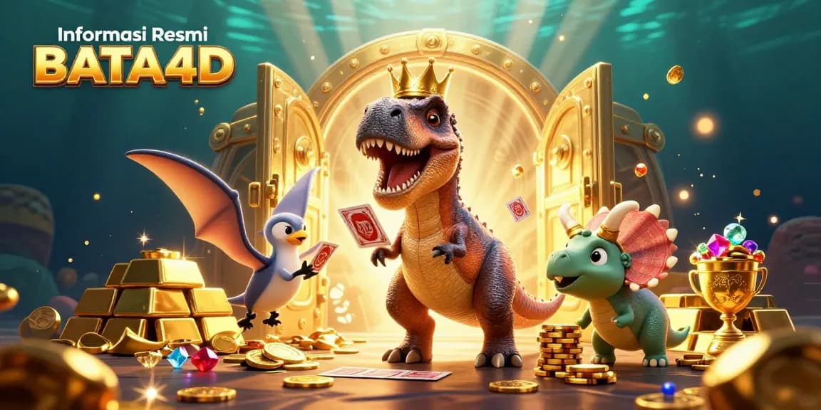 Menampilkan Informasi Resmi BATA4D, T-Rex dan teman-temannya bermain kartu dengan chip emas di latar belakang kasino.