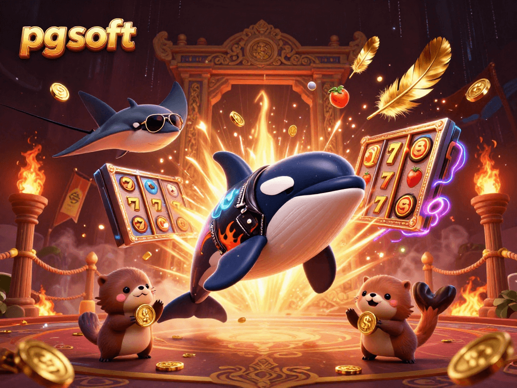 Experience the thrill of pg soft as the orca and friends showcase winning jackpots and vibrant casino elements.