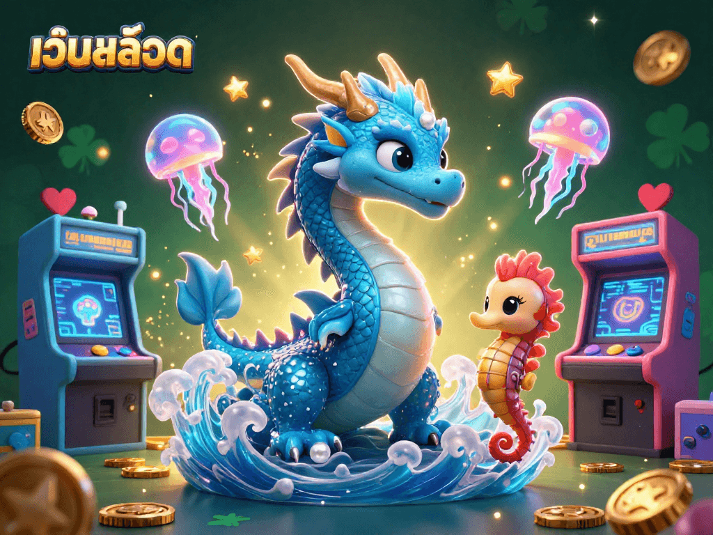 Play เว็บสล็อต with an enchanting azure water dragon and coral knight amidst vivid casino elements.