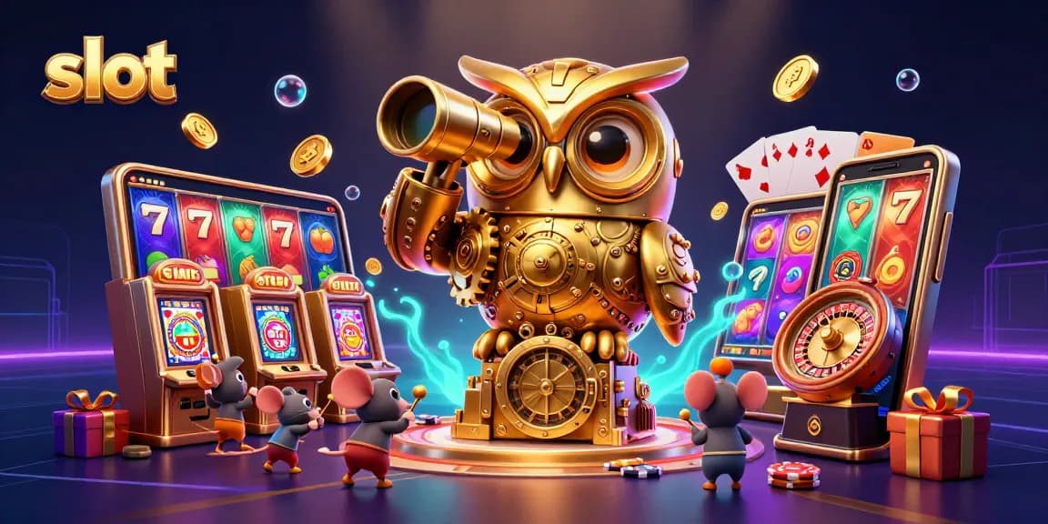 Slot yang penuh warna dan kemenangan dengan burung hantu emas dan tikus berputar di mesin slot.