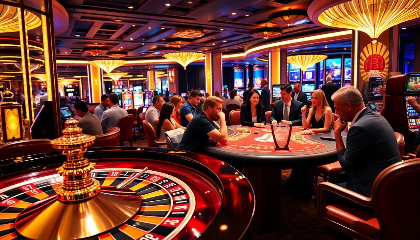 Players enjoying high-stakes gaming at luxury12 casino with roulette and slot machines.