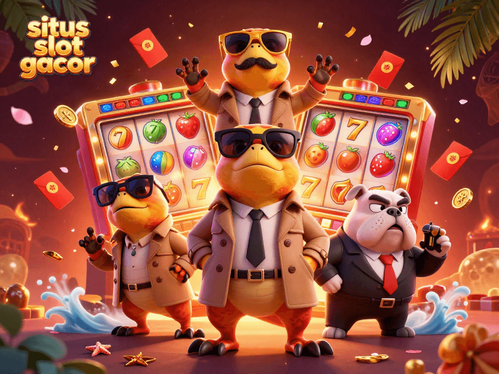 Catch thrilling actions at situs slot gacor with animated raptors and lively casino elements.