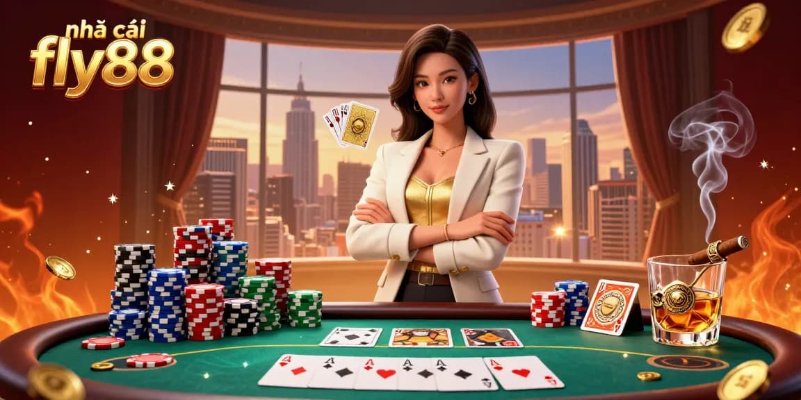 Experience the excitement at nhà cái fly88 with a glamorous Asian woman holding golden cards surrounded by dynamic poker elements.