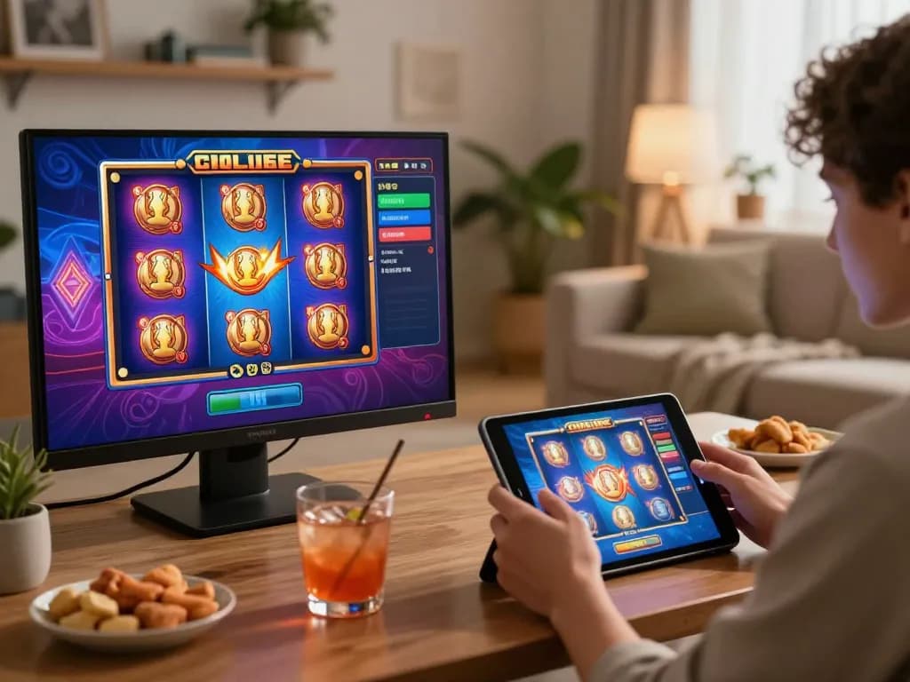 Player enjoying an exhilarating slot game on an authentic situs gacor platform while relaxing at home with snacks.