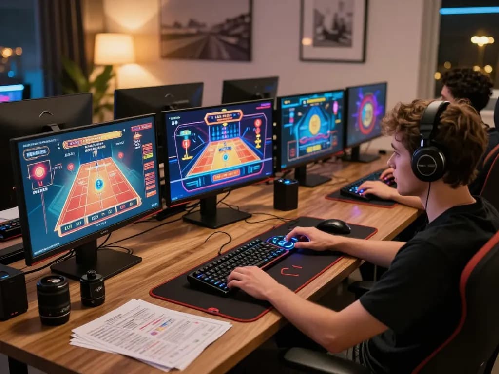 Engaging user at a high-end online gaming setup enjoying go8s experience with multiple screens and stylish decor.