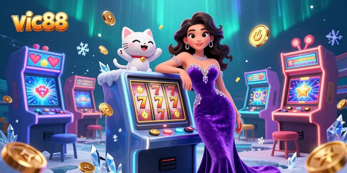 Spin the slots with vic88, featuring a glamorous jackpot scene and waving fortune cat mascot.