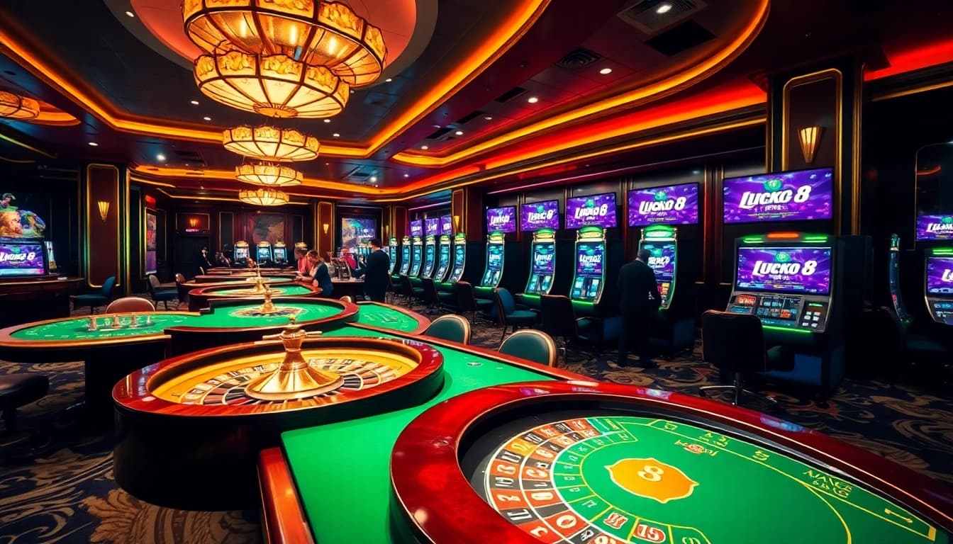 Engaging casino atmosphere at Trang chủ Luck8 with players enjoying roulette and poker games.