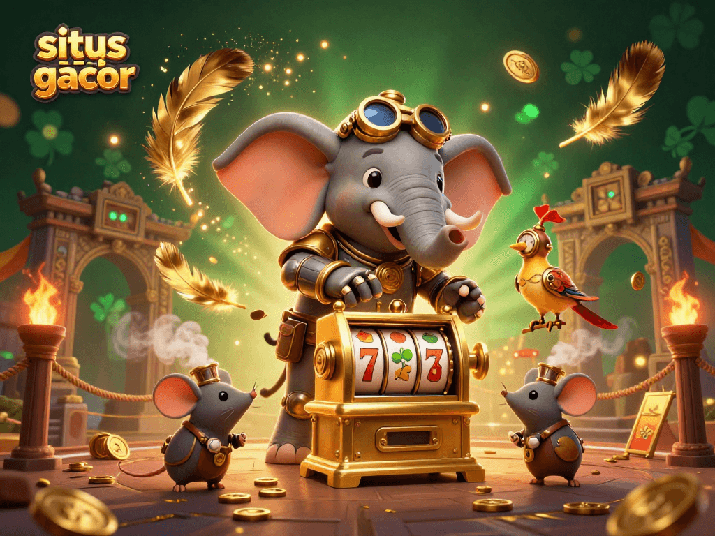 Gambar situs slot gacor dengan karakter gajah steampunk dan mesin slot emas yang berkilau.