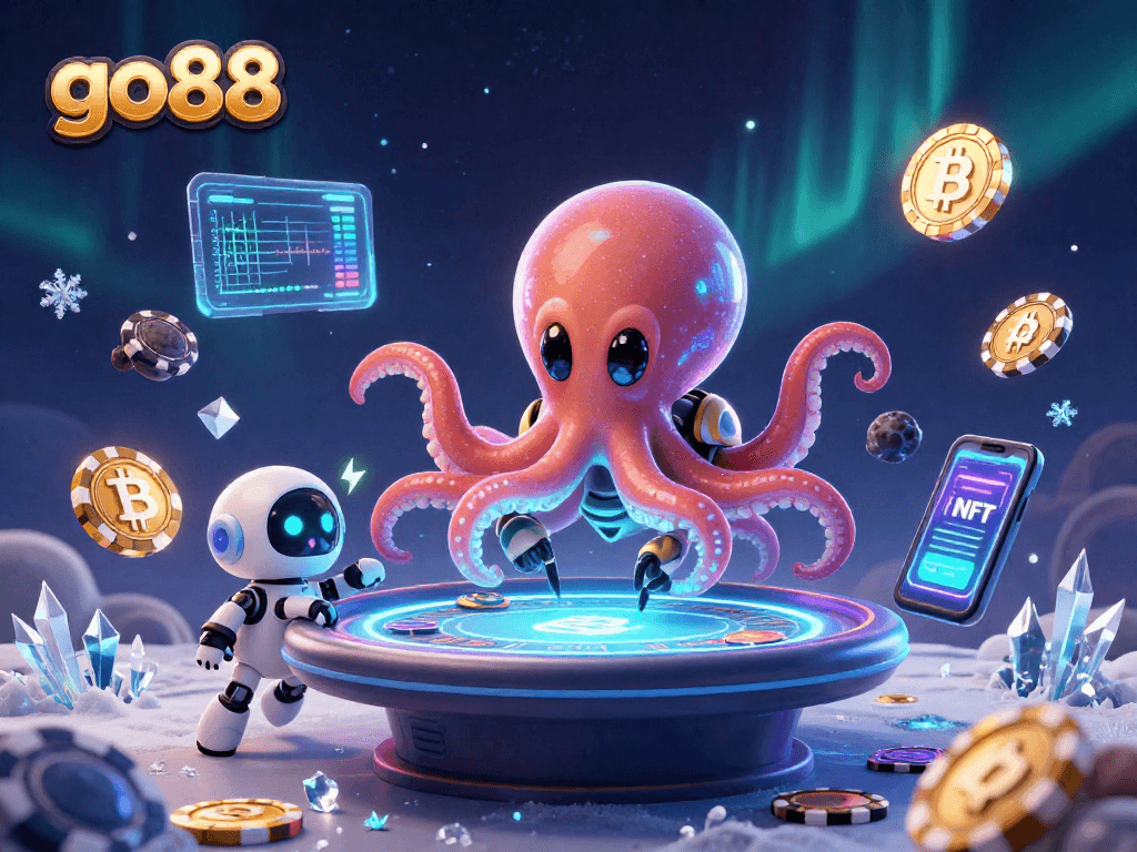 Join the fun at go88 with an alien octopus at a holographic poker table amidst crypto coins.