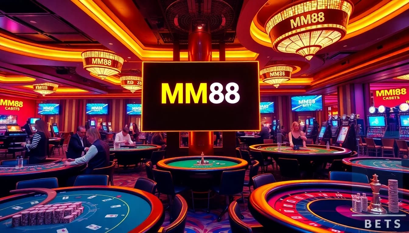 Experience MM88 Bets excitement with vibrant casino tables, players enjoying games, and dynamic betting action.