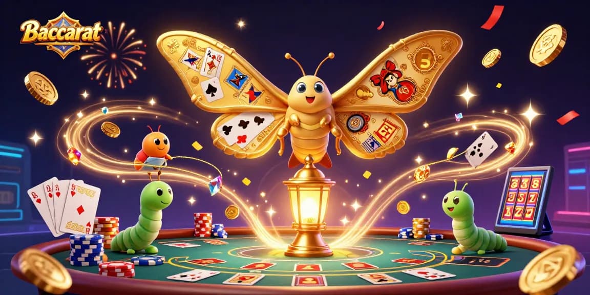 Baccarat game scene with a 3D moth character and golden decorative elements, illustrating excitement and chance.