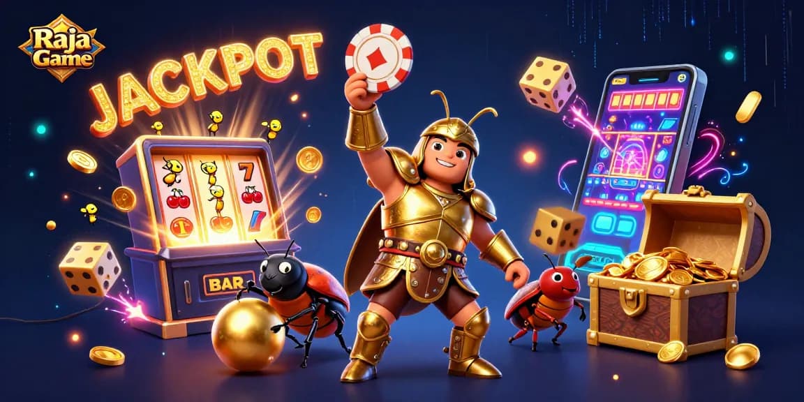 Join fun with Raja Game as a hercules beetle celebrates a jackpot victory in a dynamic casino scene.