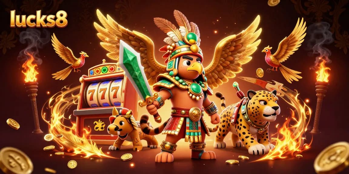Spin the reels with lucks8 in this vibrant 3D casino battle scene of warriors and treasures