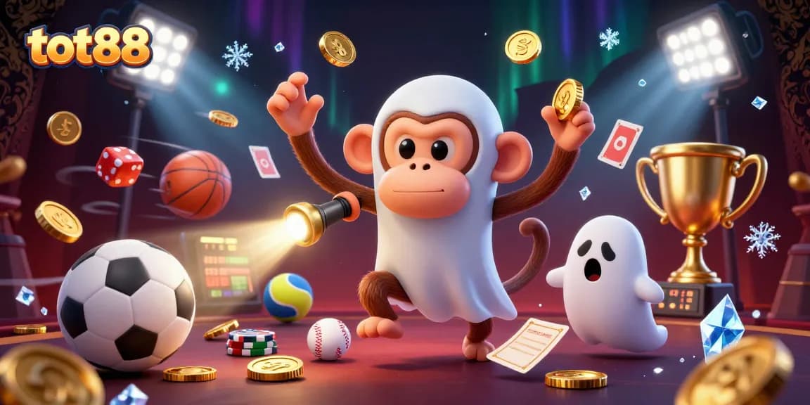 Experience the excitement of tot88 with a dynamic illustration of a mischievous poltergeist monkey and ghost-hunter puppy in a haunted casino.