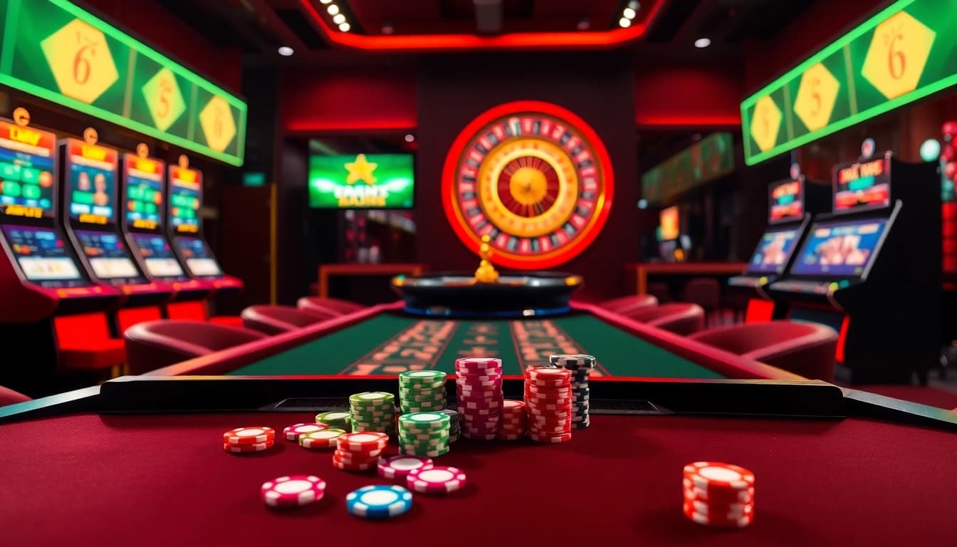 Players enjoying the exciting features of Trang chủ LC88, showcasing dynamic casino tables and vibrant slot machines.