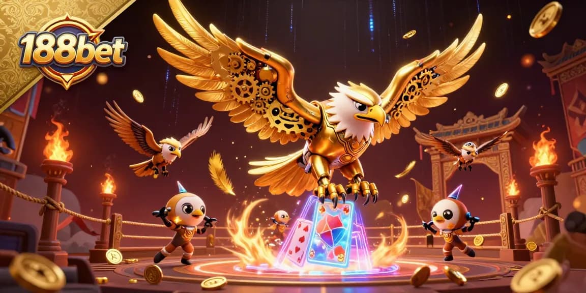 Experience thrilling gameplay at 188bet with a cybernetic eagle diving through holographic cards and casino elements.