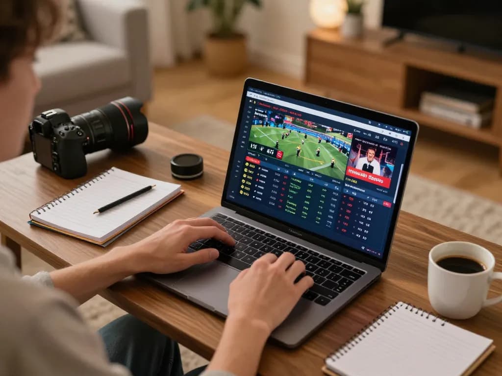 Engaging in god55vn sports betting at home with laptop and notes in a cozy setting