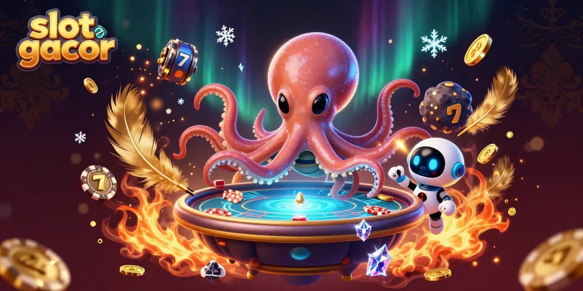 Slot gacor menampilkan permainan slot dengan alien dan robot di meja kasino holografik.