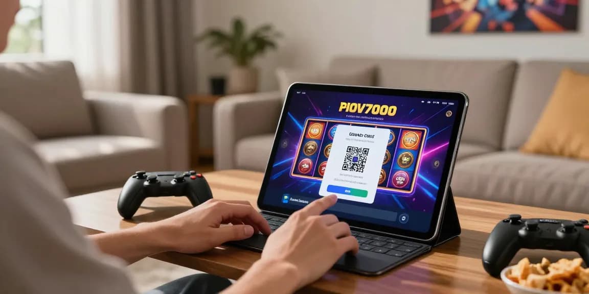 Engaging user enjoying slot7000 gaming experience on tablet with QRIS payment.