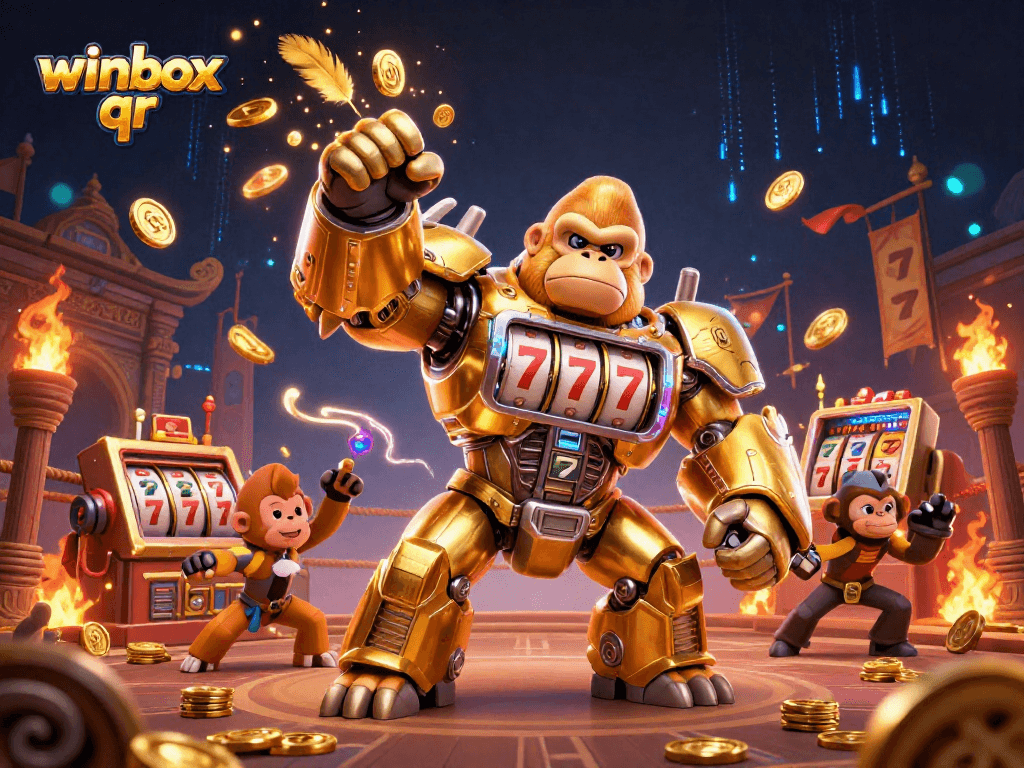 Engage with winbox qr through an exciting 3D cartoon scene of a golden gorilla mech surrounded by gambling elements.