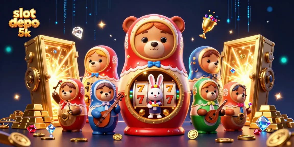Engage with the vibrant scene of slot depo 5k featuring a Matryoshka bear and casino-themed treasures.