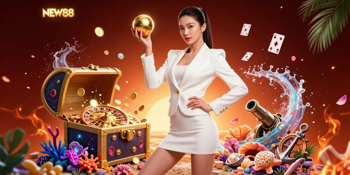 Spin the golden roulette ball at NEW88 while surrounded by casino elements in a vibrant 3D illustration.