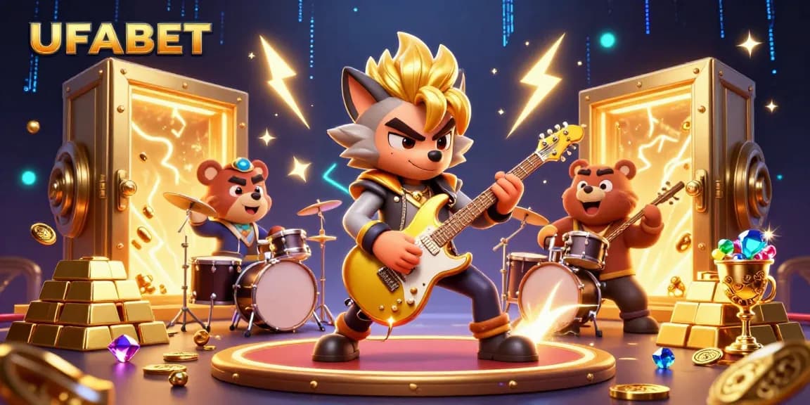 Experience thrilling action with UFABET as a rock star wolf shreds on stage amidst dazzling casino treasures.
