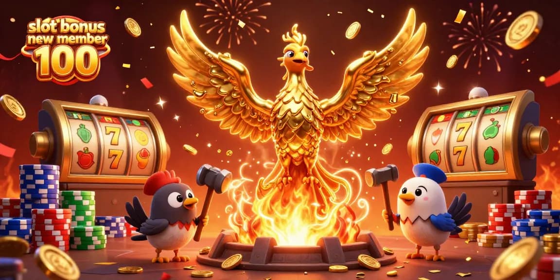 Experience the excitement of slot bonus new member 100 with our vibrant 3D casino illustration.